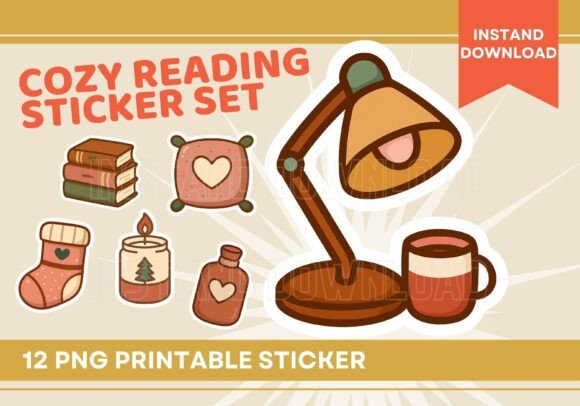 Cozy Reading Books and Tea PNG Sticker Set