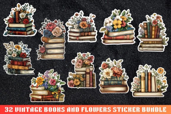 Vintage Books and Floral Sticker Bundle