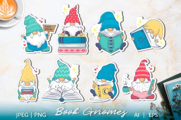 Reading Gnome Cartoon Sticker Bundle