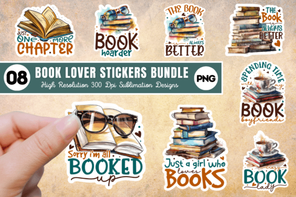 Book Lover Printable Sticker PNG Bundle