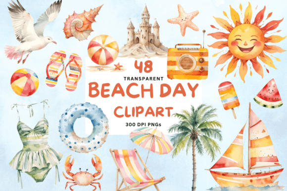 Vibrant Watercolor Beach Clipart Set