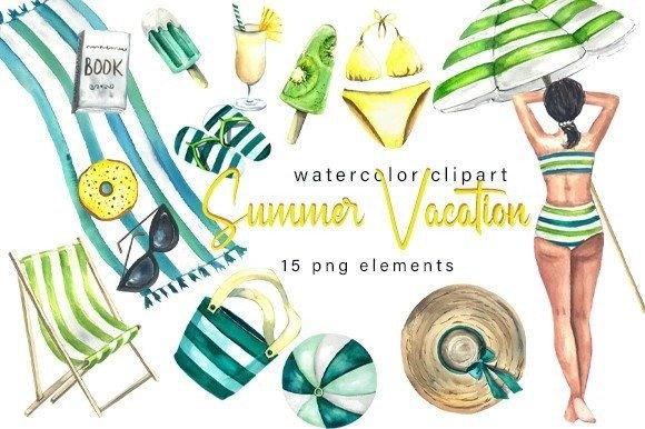 Watercolor Summer Beach Clipart Set