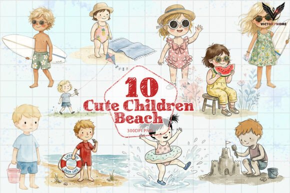 Adorable Kids Beach Clipart Pack