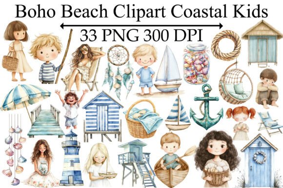 Coastal Kids Boho Beach Clipart Collection