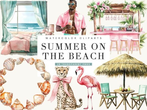 Vibrant Watercolor Beach Clipart Collection