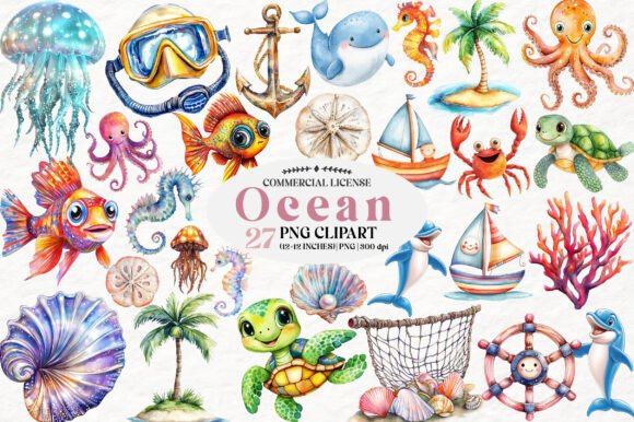 Creative Ocean-Themed Watercolor Clipart