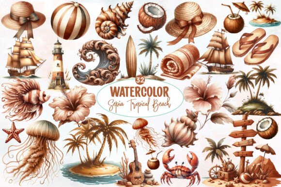 Sepia Tropical Beach Art Collection