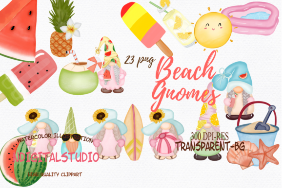 Summer Beach Gnomes Watercolor Clipart