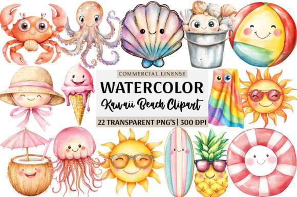 Kawaii Beach PNG Clipart Bundle