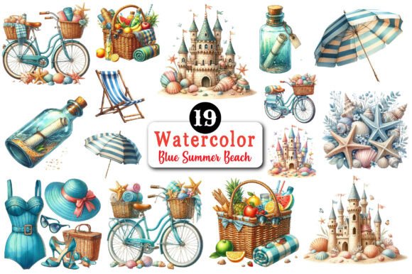 Blue Summer Beach Watercolor Clipart