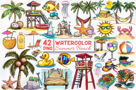Watercolor Beach Art PNG Collection