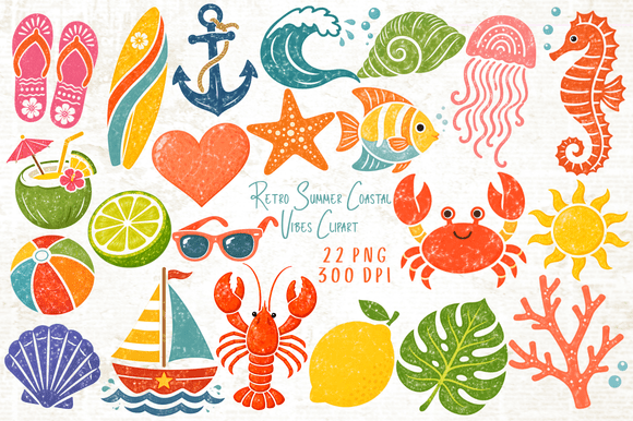 Retro Coastal Vibes Summer Clipart Pack