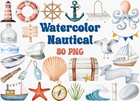Watercolor Nautical and Ocean Clipart Collection