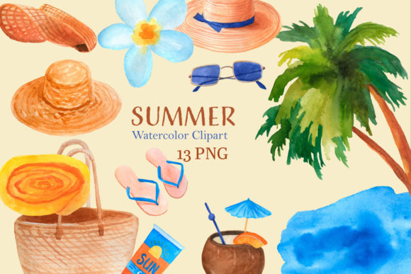 Watercolor Beach and Palm Clipart Collection