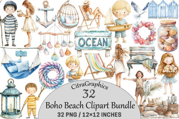Boho Beach Sublimation Clipart Set