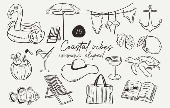Minimal Line Art Beach Clipart Set