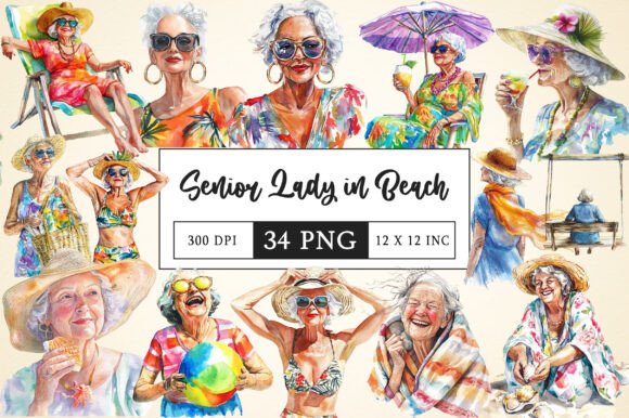 Senior Lady Beach Illustration Pack