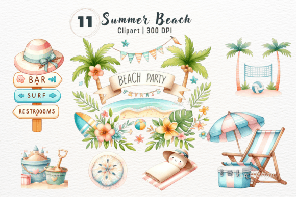 Pastel Summer Beach Watercolor Clipart