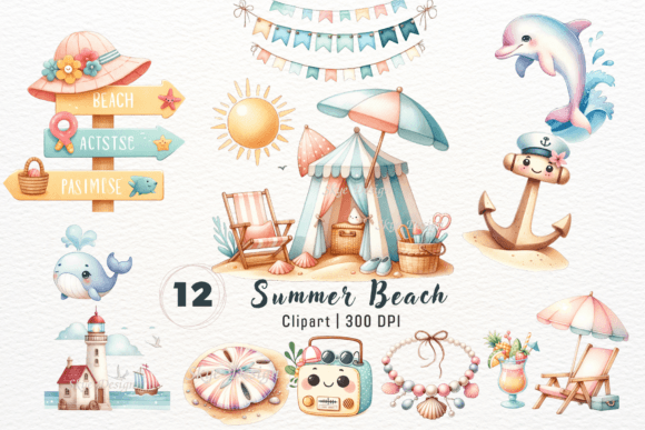 Watercolor Beach Vacation Clipart Set