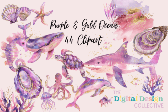 Enchanting Purple & Gold Ocean Clipart Set