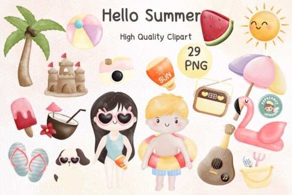 Digital Watercolor Beach Clipart Set