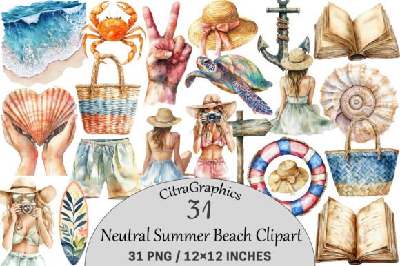 Neutral Summer Beach Clipart Collection
