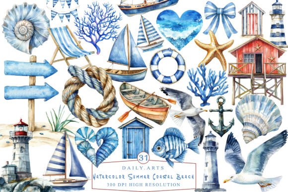 Summer Beach Watercolor Clipart Collection