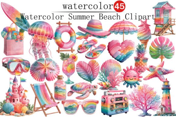 Vibrant Summer Beach Watercolor Clipart Set
