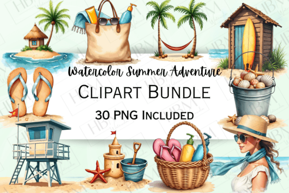 Summer Beach Watercolor Clipart Bundle