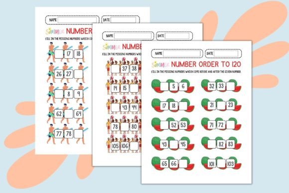 Number Order to 120 Worksheets: Before, Between, and After
