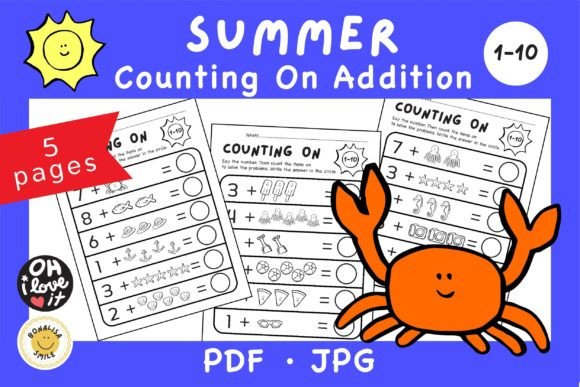 Summer Counting-On Addition Worksheets Up to 10