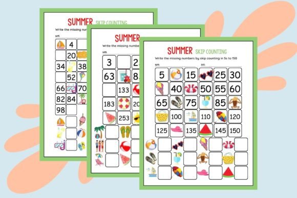 Summer Skip Counting Missing Numbers Worksheets