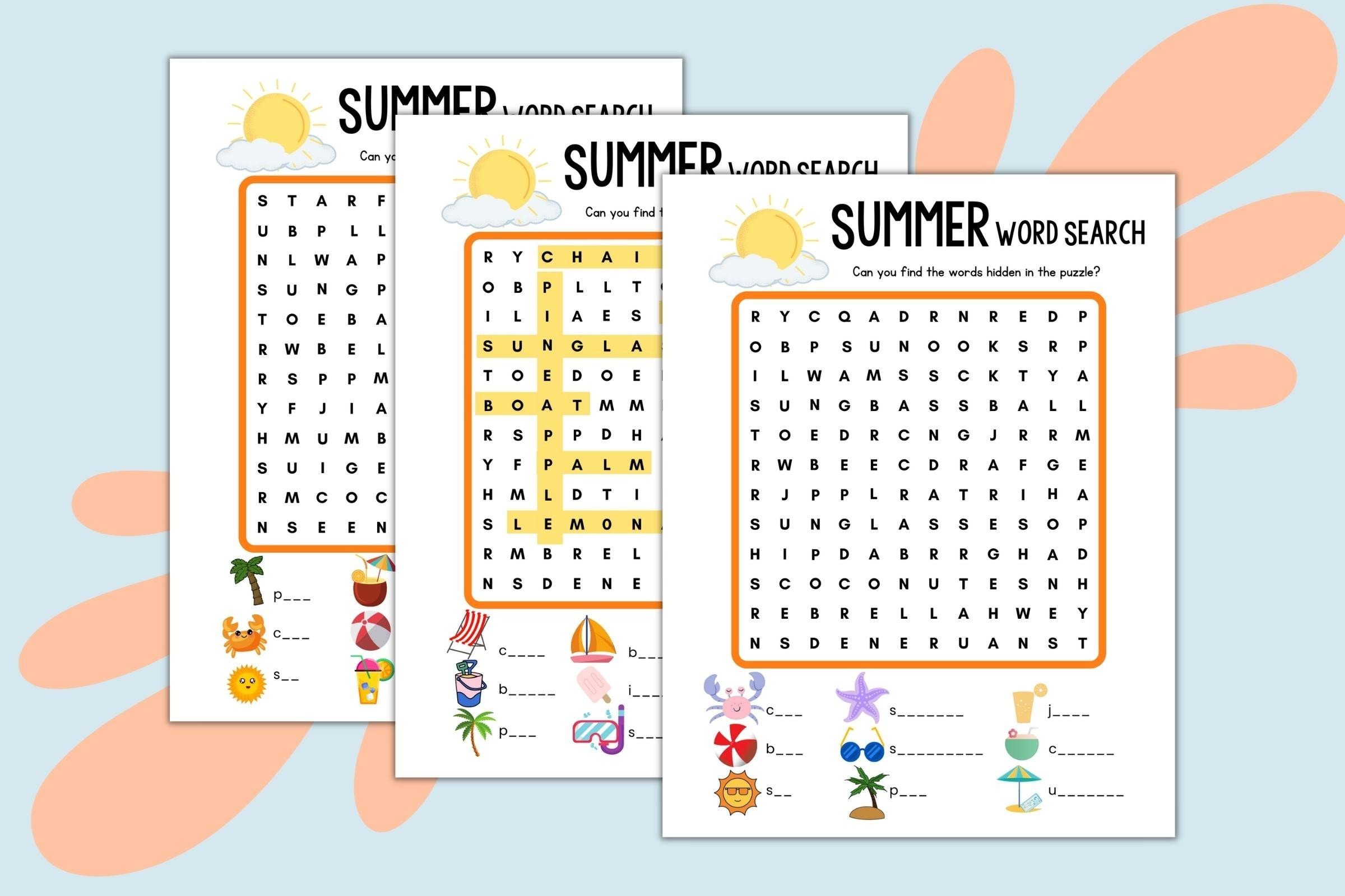 Summer Word Search and Fill-in-the-Blank Puzzle Worksheets