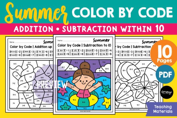 Summer Color by Code Math Fact Worksheets