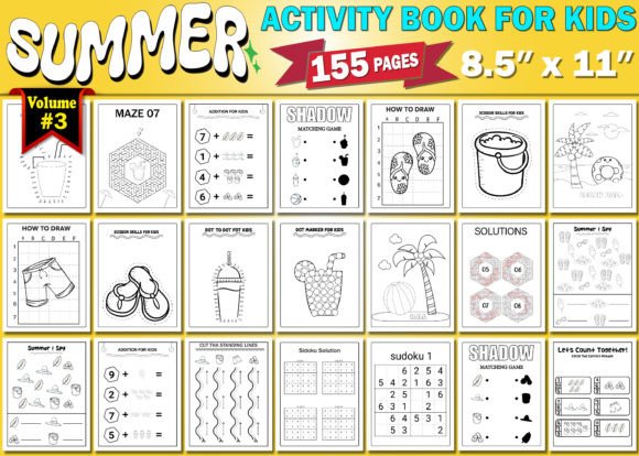 Summer Kids Activity Book Interior: Coloring, Puzzles & Games