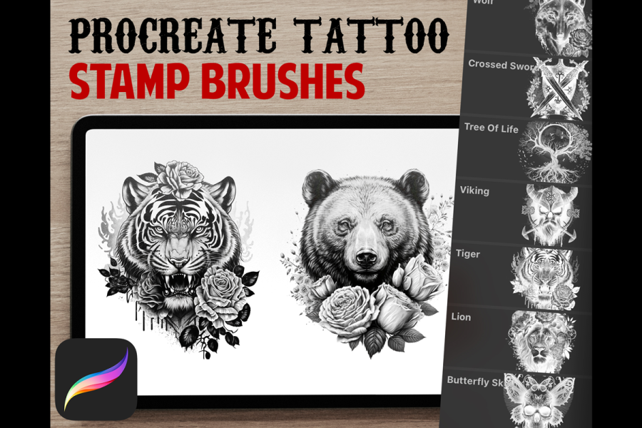 Procreate Tattoo Stamp Brushes: 50 Hand-Drawn Designs