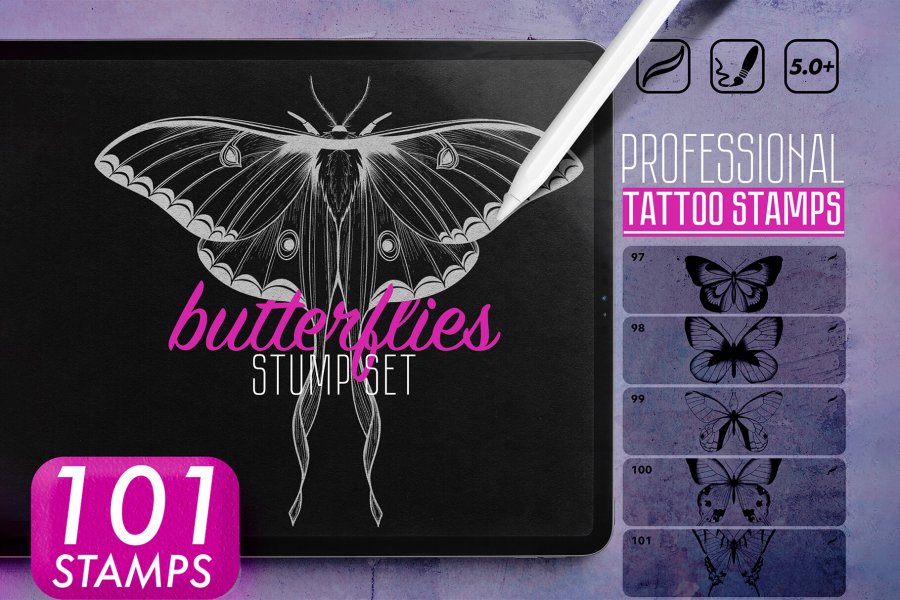 Butterfly & Moth Tattoo Stamp Brush Set for Procreate