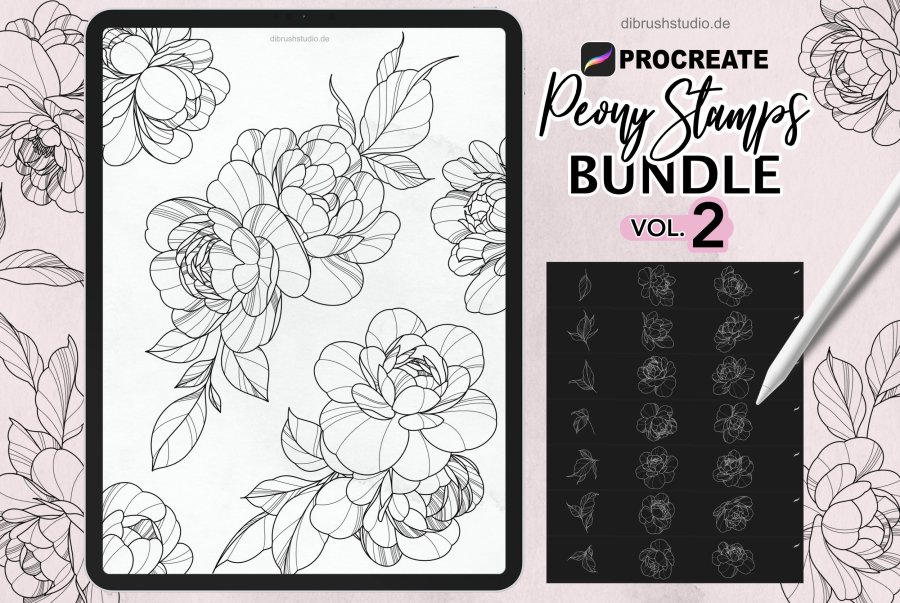 Procreate Peony Tattoo Stamp Brushes