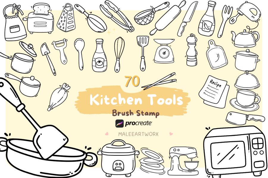 Whimsical Kitchen Tools Procreate Stamp Brush Set