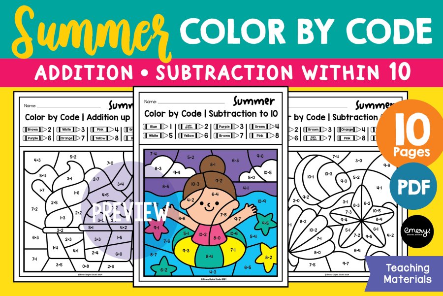 Summer Color by Code Math Facts Worksheets