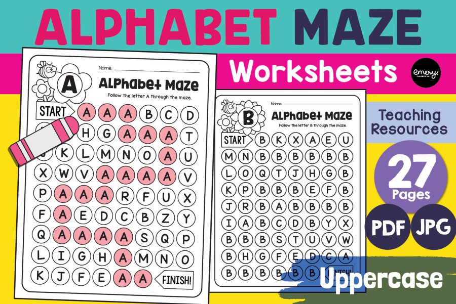 Uppercase Alphabet Maze Worksheets A–Z