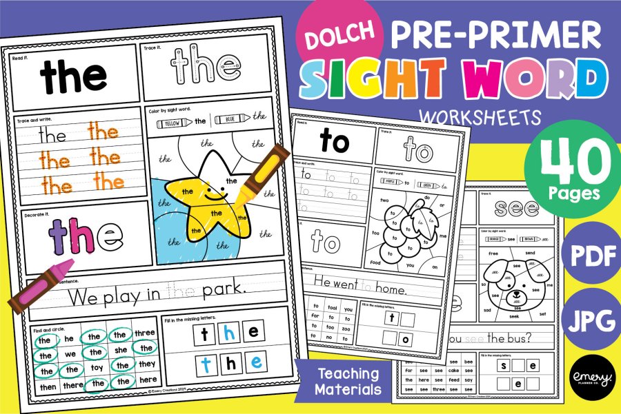 Dolch Pre-Primer Sight Word Activity Worksheets