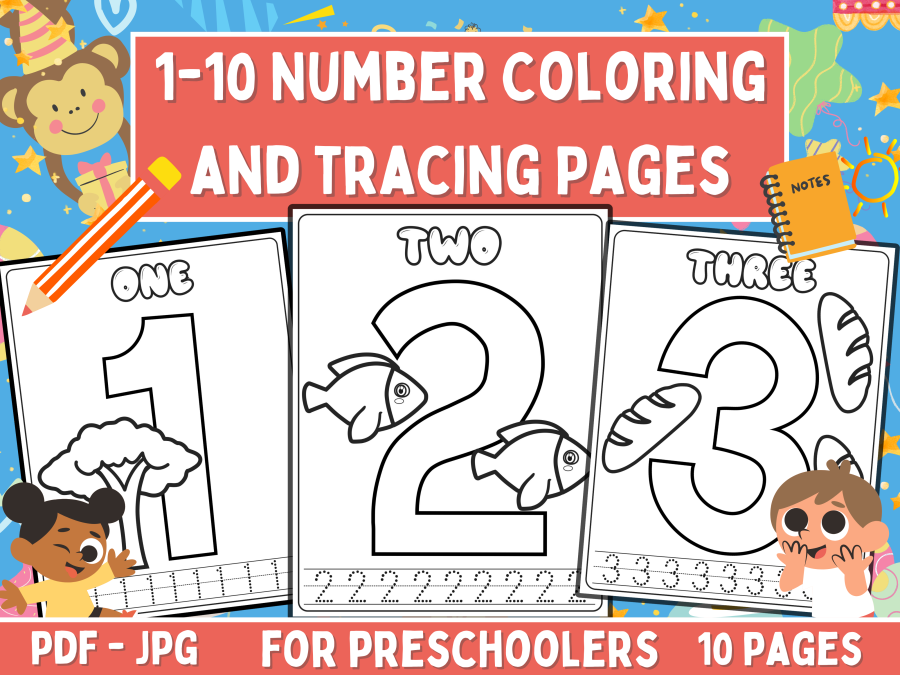 Numbers 1-10 Coloring and Tracing Pages