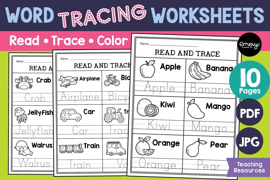 Word Tracing Worksheets for Reading and Handwriting Practice