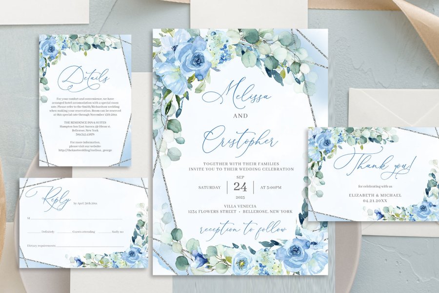 Dusty Blue Floral Wedding Invitation Suite