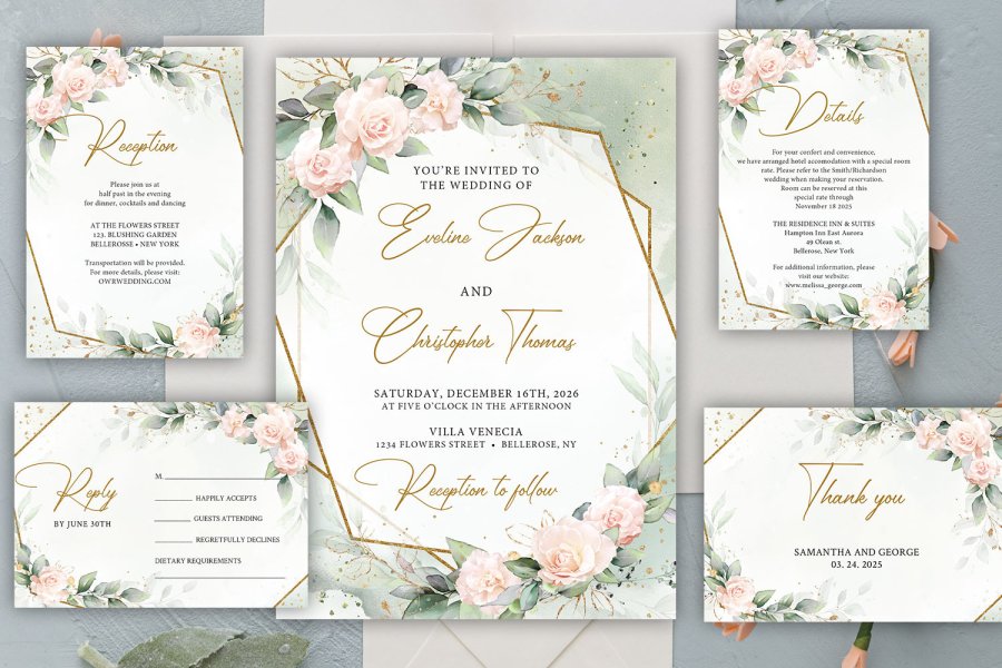 Editable Floral Wedding Invitation Suite