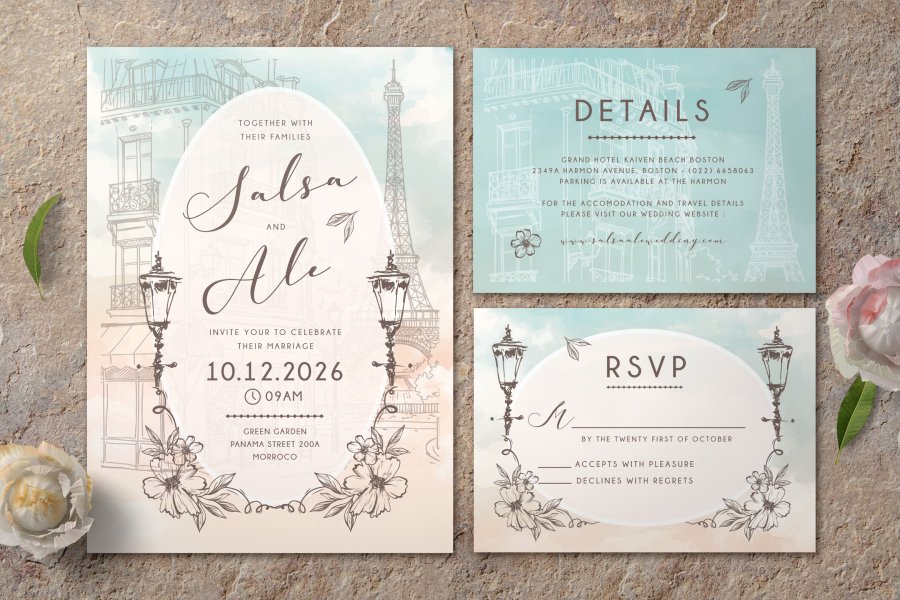 Elegant Paris-Themed Wedding Invitation Set