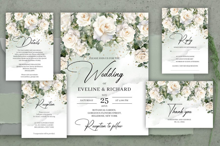 Elegant White Rose Wedding Invitation Suite