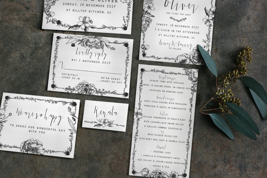 Hand-Drawn Floral Wedding Invitation Suite