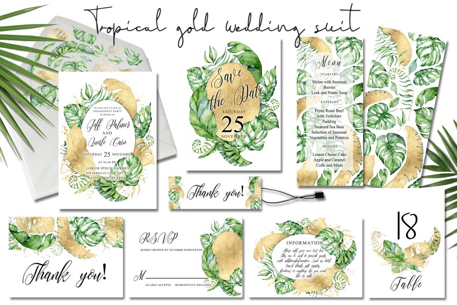 Elegant Tropical Gold Wedding Cards